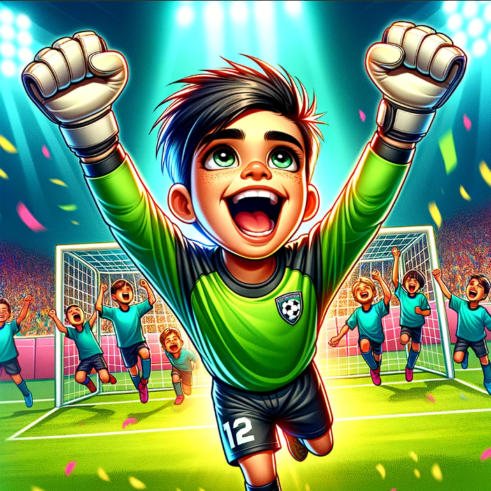 The boy celebrating with raised arms among cheering teammates