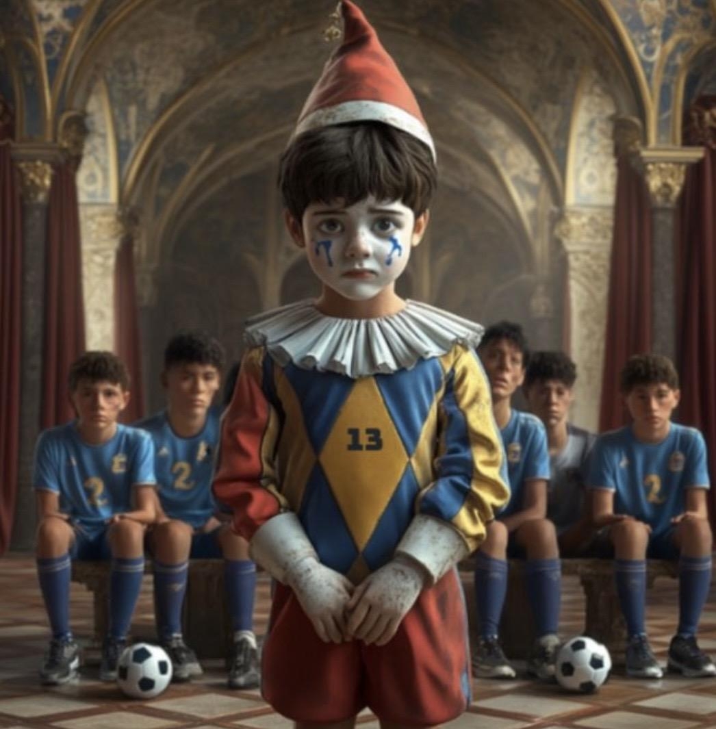 The boy dressed as a court jester among a soccer team